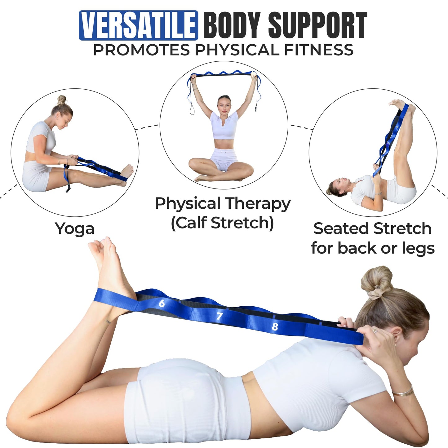Stretch Strap with Loops Physical Therapy - Full Body Exercise Straps for Stretching with Detachable Foot - Leg & Calf Stretcher for Plantar Fasciitis, Physical Therapy, Pain Relief, and Flexibility