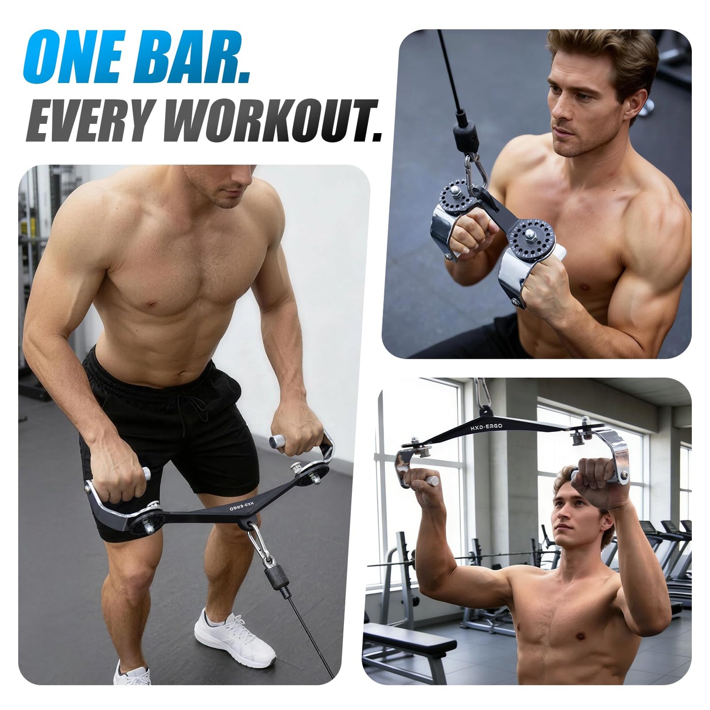 HXD-ERGO 360° Rotating LAT Pull Down Bar Set, LAT Pulldown Attachments with 16 Lockable Angles, 3 Grip Widths Cable Machine Attachment for Full Body Workout, Home Gym Equipment