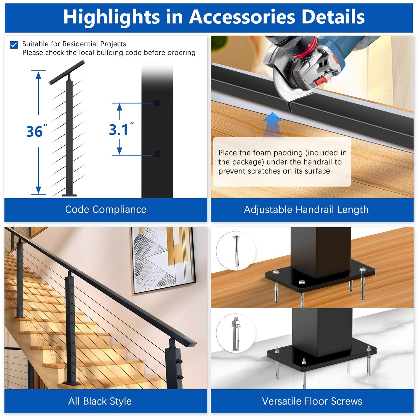 Zylorix 4ft-8ft Complete Set 36" Cable Railing System 33° Drilled with Cuttable Handrail, Modular Black T304 Stainless Steel Angled Stair Cable Railing Posts Kit for 28-38° Wood Concrete Stair