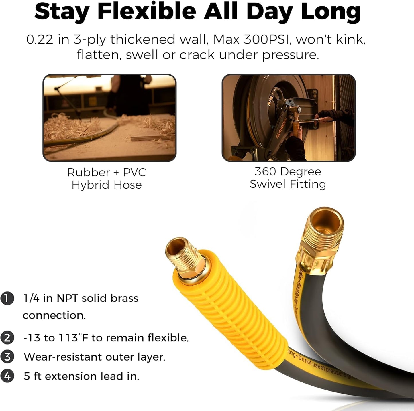 GLAHODEN Double Arm Retractable Air Hose Reel, 3/8 in × 65 ft Hybrid Hose Heavy Duty Steel Professional Air Compressor Hose Reel with 5 ft Lead in Max 300PSI Auto Rewind Quick Coupler Swivel Fitting