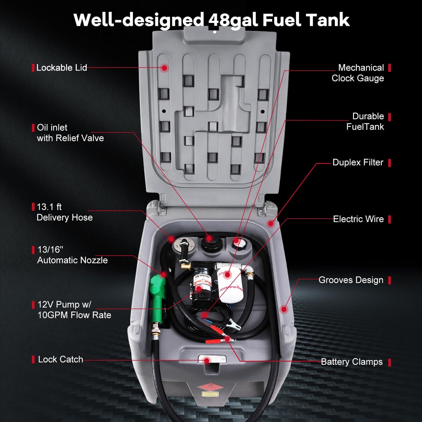 48 Gallon Portable Fuel Transfer Tank with 12V Electric Pump, 10GPM Flow, 13Ft Hose & Auto Nozzle – Diesel Transfer Tank for Trucks, Tractors, Boats, Generators – Gray