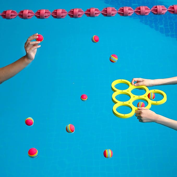 Hiboom Pool Game with Score, Combo Foam Pool Floats with 10 Colorful Tossing Balls, Toss Game Swimming Party Toys Accessories for Family Par, Dive Rings(Triangle,Yellow)