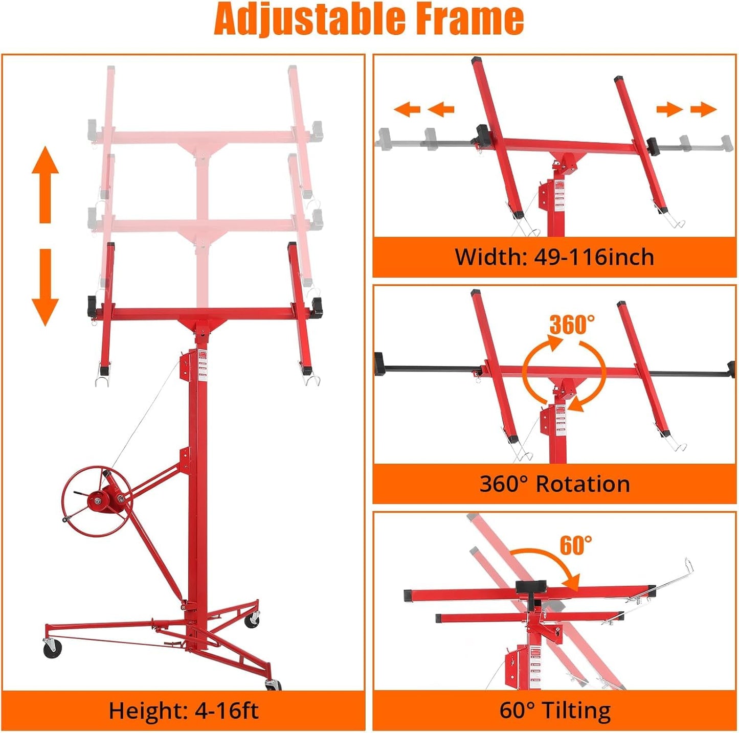 Drywall Lift 16FT, Drywall Jack Lift for Ceiling, Adjustable Panel Hoist, 150LBS Heavy Duty Drywall Lifter, 3 Lockable Wheels Foldable Sheetrock Lift for Home Improvement, Red
