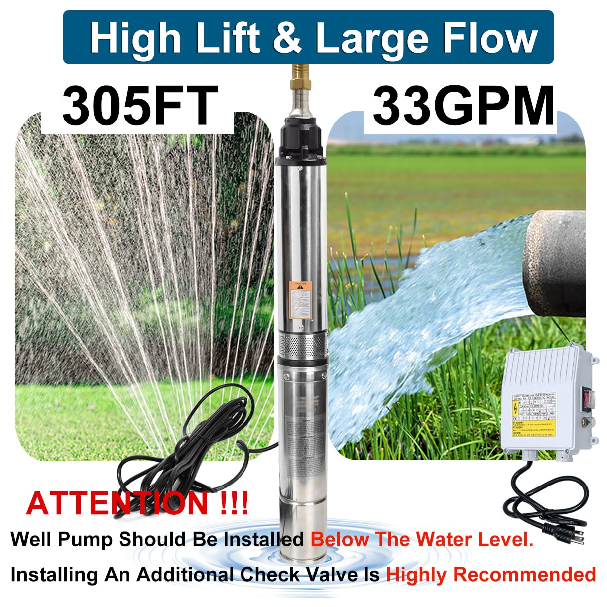 Deep Well Submersible Pump with Control Box, 1HP 110V Deep Well Pump Submersible Water Pump for Industrial Irrigation and Home, 100FT Power Cord, 33GPM,305FT Lift,Long Life,4" OD