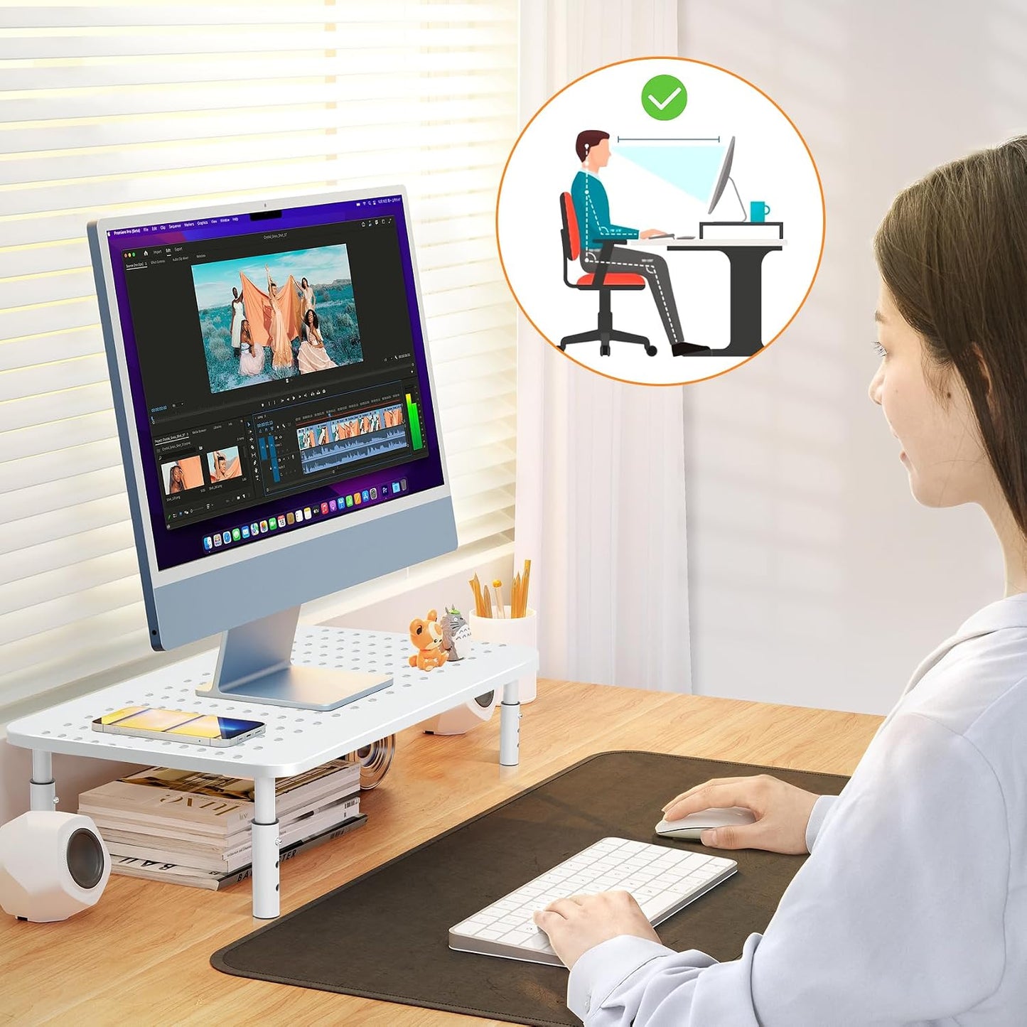 3 PS4, 20KG,White Bracwiser Monitor Stand Riser, Metal Computer Stand, Height Adjustable Screen Riser with Mesh