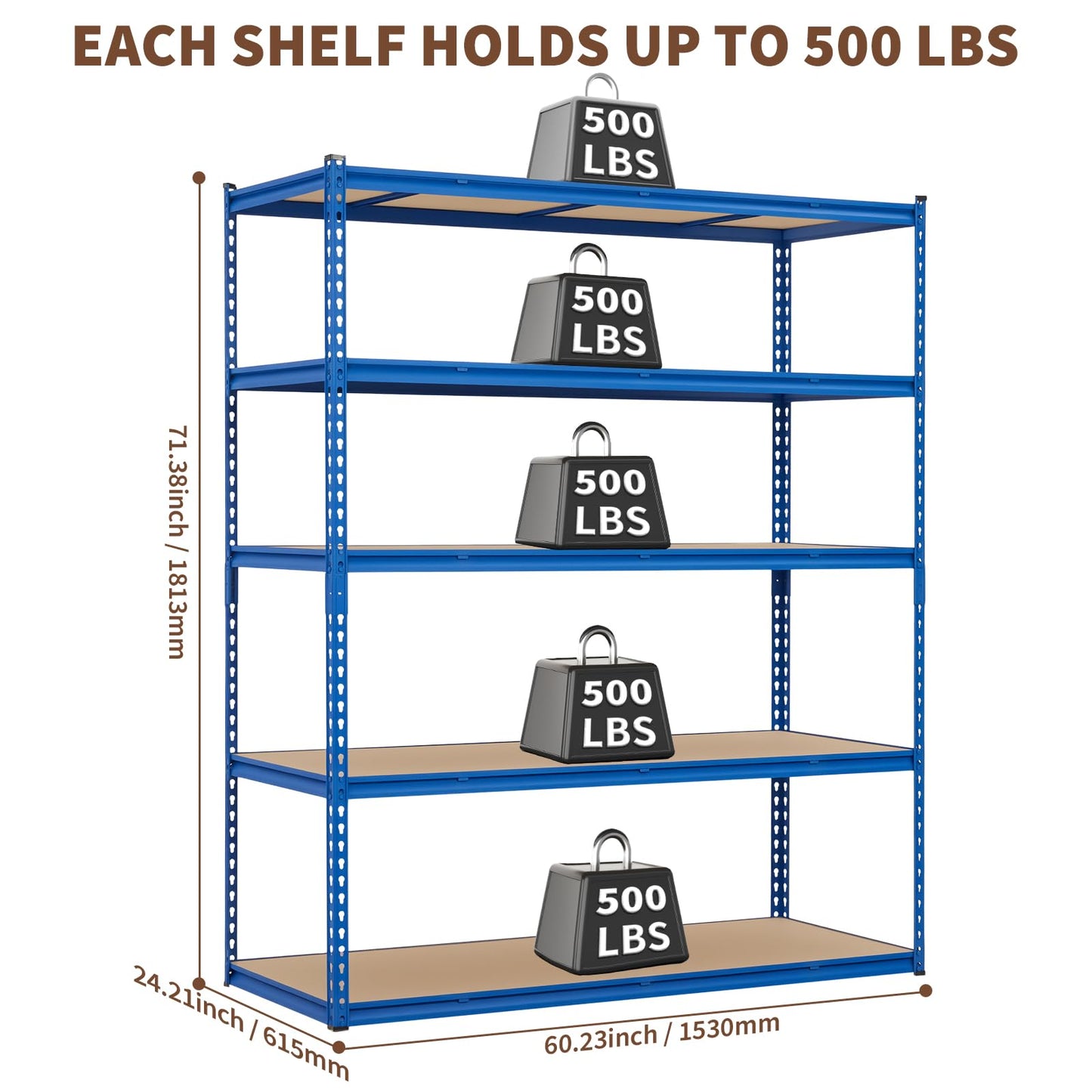 SierraSquad 60" W Garage Shelving Unit, 2500 LB Capacity, 5 Tier Adjustable Steel Storage Shelves, Heavy Duty Storage Racks for Basement Warehouse Shop, 60" W x 24" D x 72" H, Blue