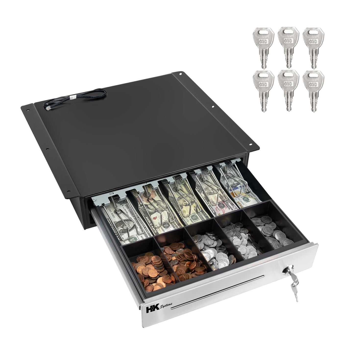 HK SYSTEMS 16" "Stainless Steel" Front Heavy Duty Black POS Cash Drawer with 5Bill/5Coin with Under Counter Mounting Metal Bracket