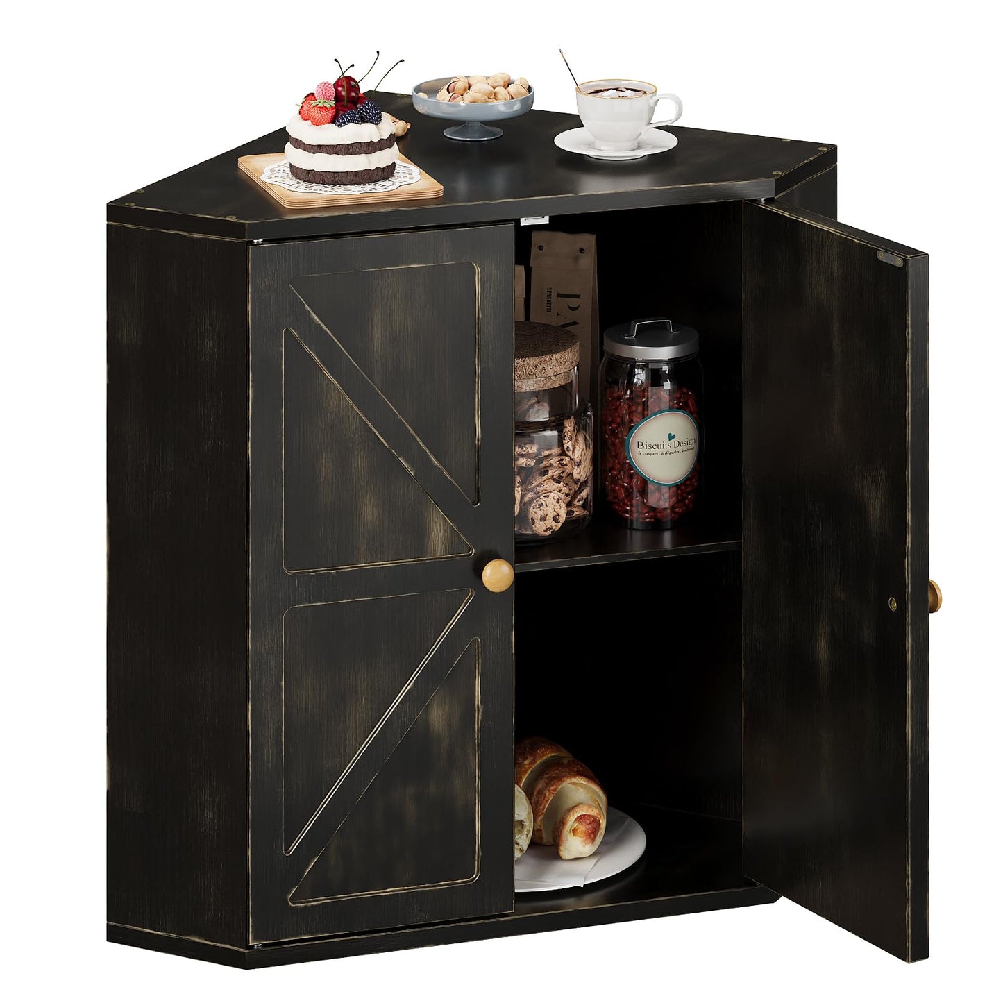 Trironsun Corner Bread Box for Kitchen Counter Double Layer Bamboo Bread Storage Container Large Capacity Bread Storage Bin Farmhouse Breadbox Organizer (Antique Black)