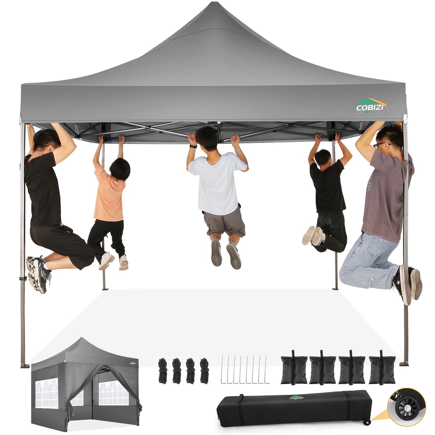 COBIZI 10x10 Pop Up Canopy Tent with 4 sidewalls Commercial Heavy Duty Canopy UPF 50+ All Weather Waterproof Outdoor Canopy Wedding Tents for Parties Gazebo with Roller Bag, Grey (Windproof Upgraded)