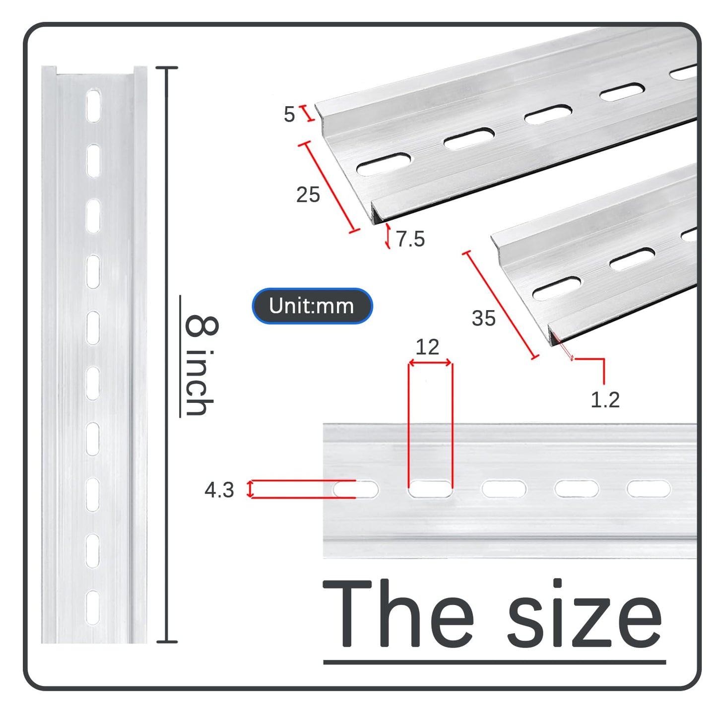 YOLCAR Silver Aluminum Rails, 2 Pack, 200mm Long x 35mm Wide x 7.5mm High, Perfect for Manufacturing Units and Control Panels in Telecommunications and Automation Industries