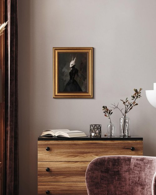 HUARCEY Vintage Wall Art - Gold Framed Gothic Rabbit Lady Canvas Print | Aesthetic Dark Academia 8x10in