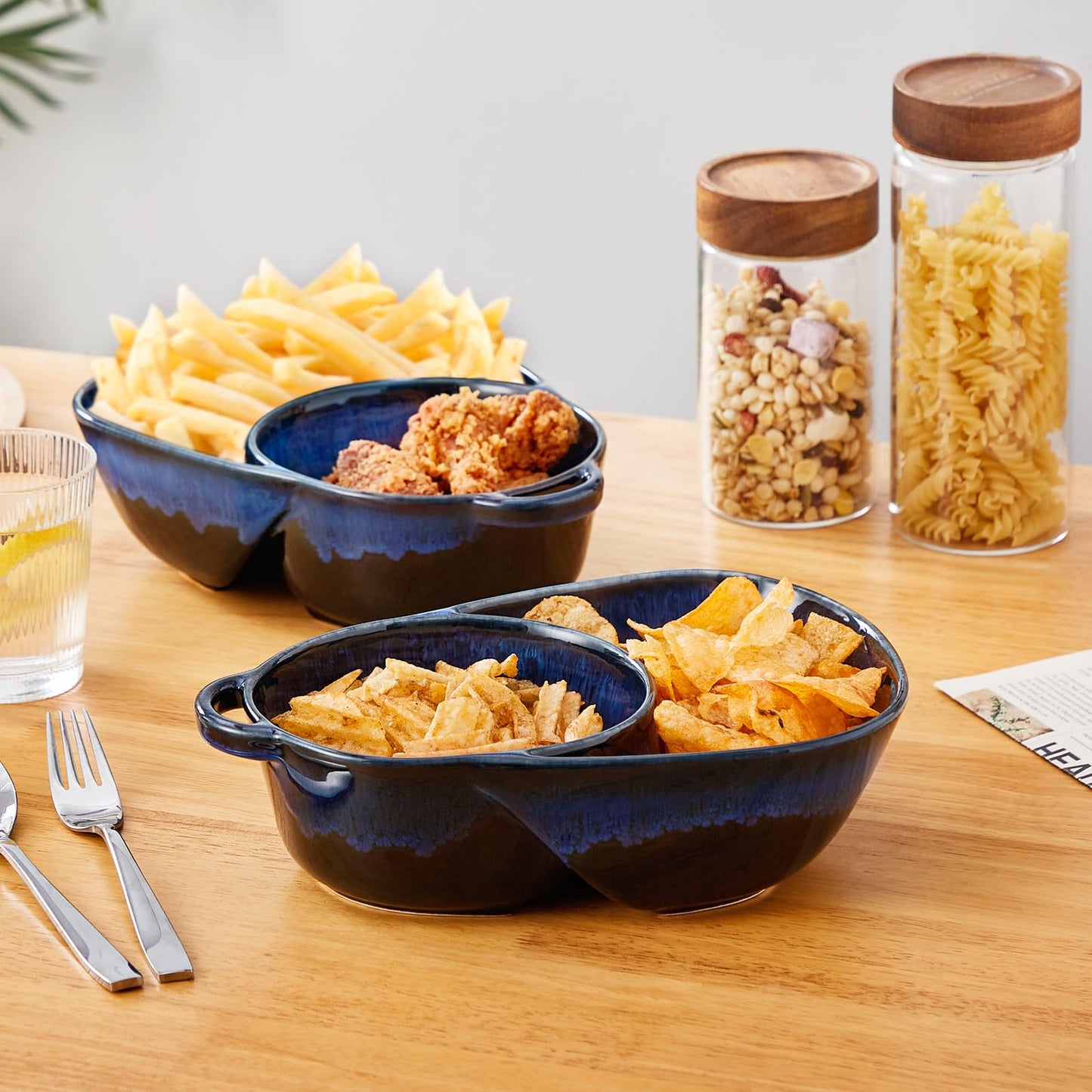vancasso Starry Chip and Dip Bowl, Anti-Soggy Cereal Bowl, Soup and Sandwich Plate Combo, Breakfast Powls, Divided Snack Bowls Gifts for Wedding Housewarming Party, 2 Pack(Blue)
