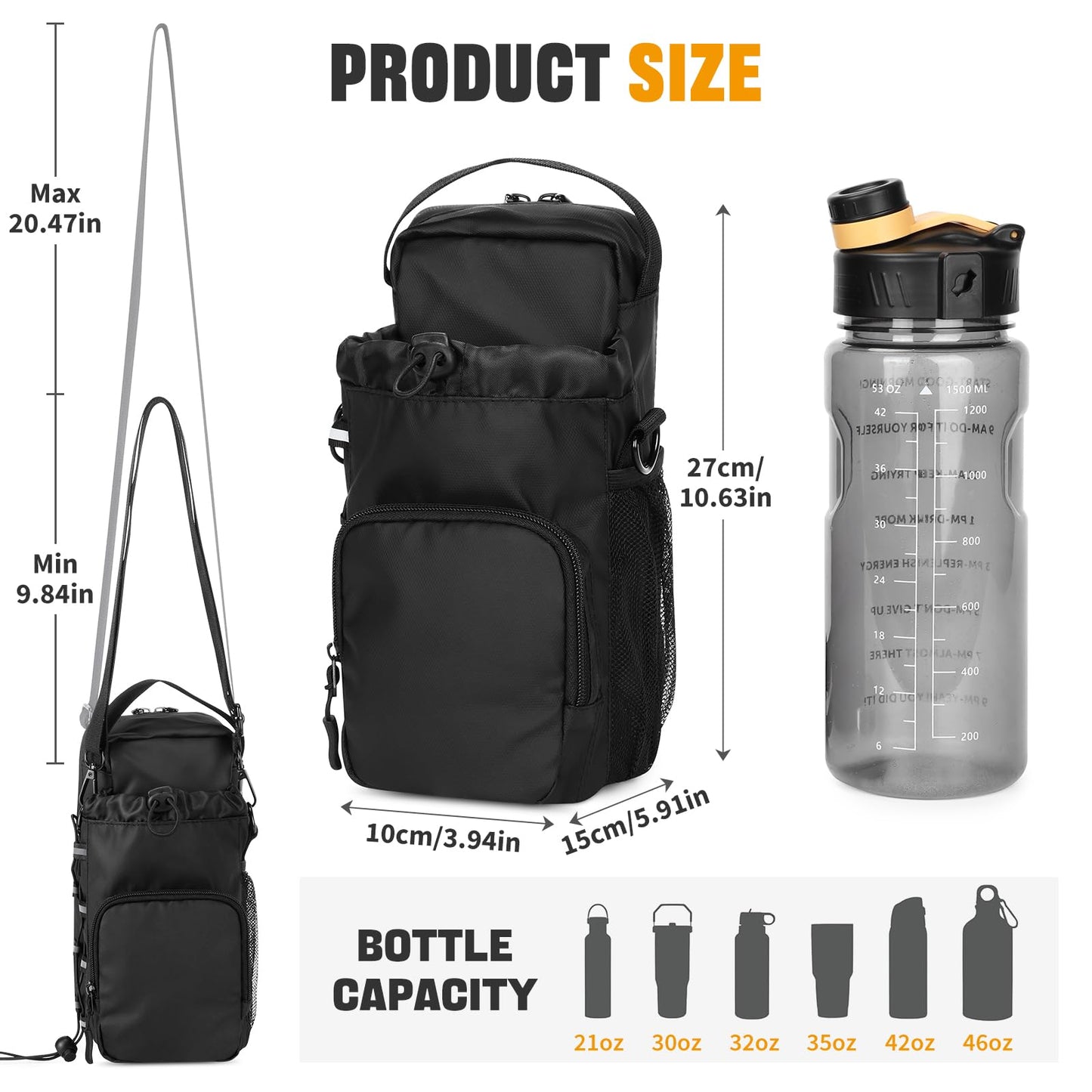 HUNTVP Magnetic Gym Bag Water Bottle Carrier Holder with Shoulder Strap & Phone Pockets, Magnetic Water Bottle Bag Pouch for Gym Fitness Essentials Accessories for Men and Women