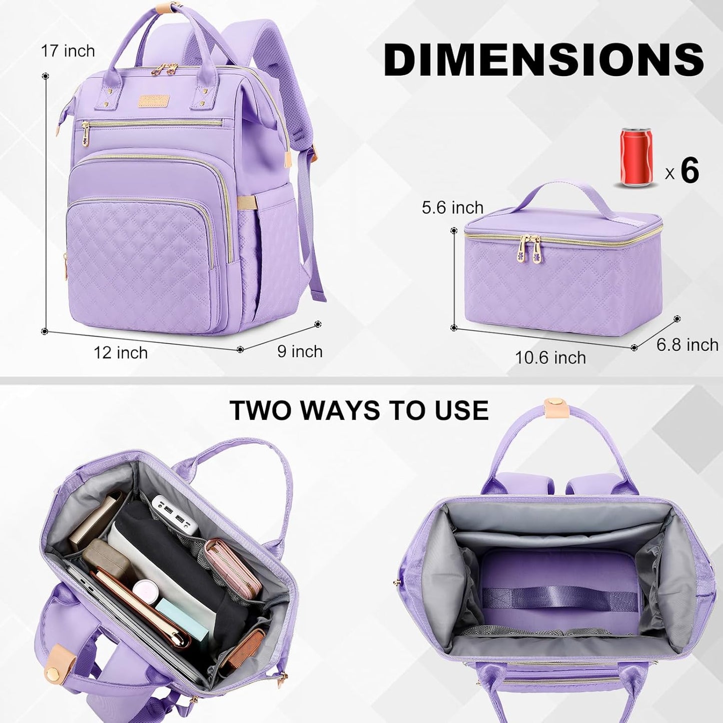 Backpack, 15.6 inch Backpack Backpack Backpack Backpack, Lunch Laptop with Insulated Lunch Bag, Cooler for Women, Large