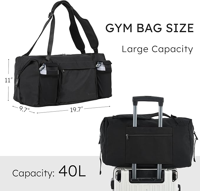Gym Bag for Men with 2 Upgraded Bottle Holders Convertible Duffle Bag and Gym Backpack Waterproof Sports Bags with Shoes Compartment and Wet Pocket - Black