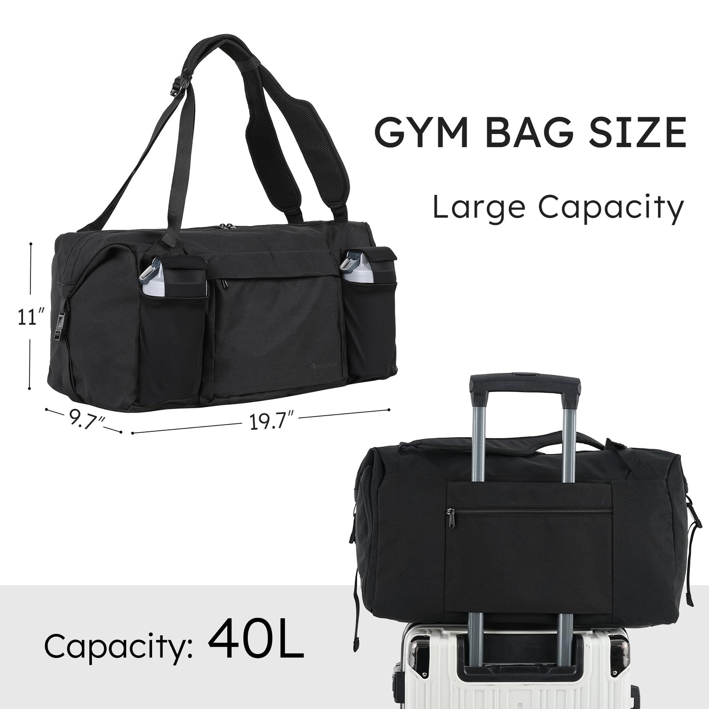 Kookoomia Gym Bag for Men with 2 Upgraded Bottle Holders Convertible Duffle Bag and Gym Backpack Waterproof Sports Bags with Shoes Compartment and Wet Pocket - Black
