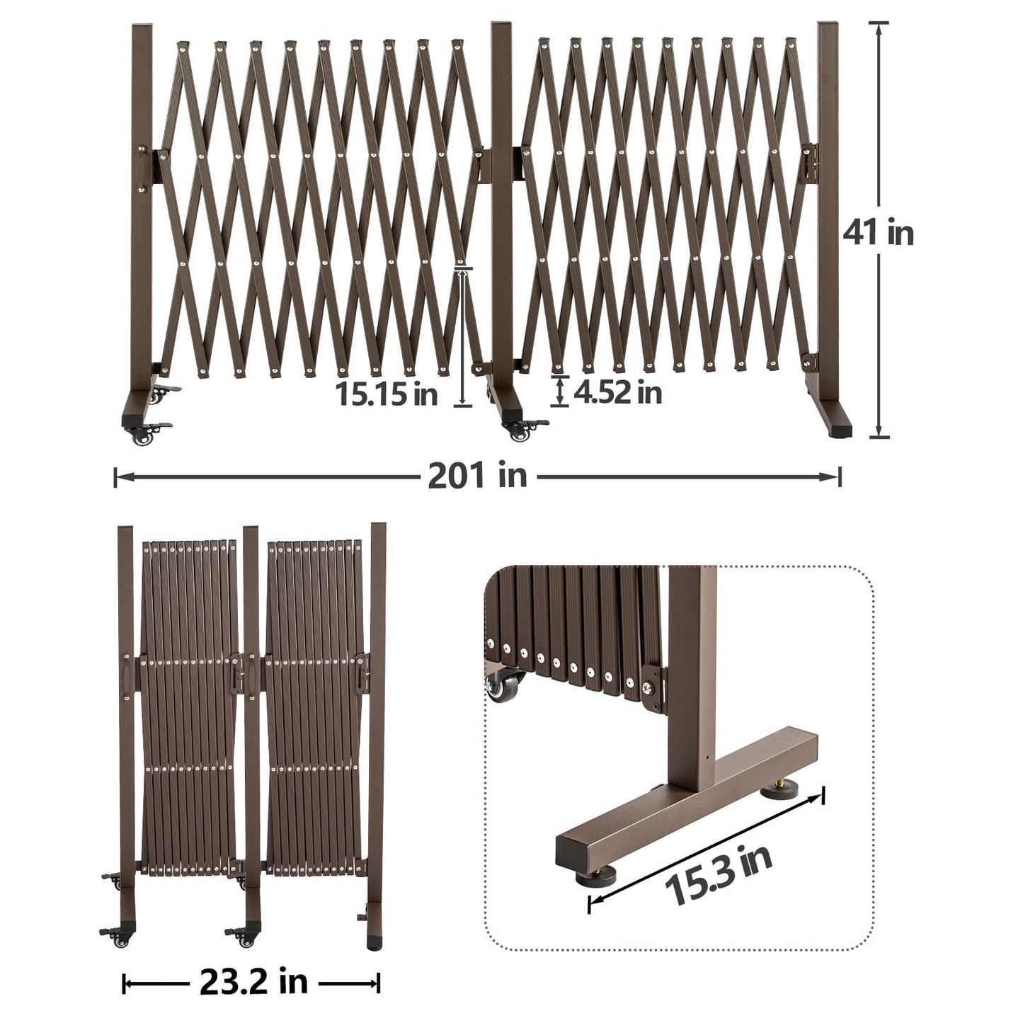 TECSPACE Aluminum Expandable Garden Fence, Portable Barricade Gate with Casters, Expansion Size 201×15.2×40.6 inches, Adjustable Flexible Fence Mobile Barricade Safety Barrier