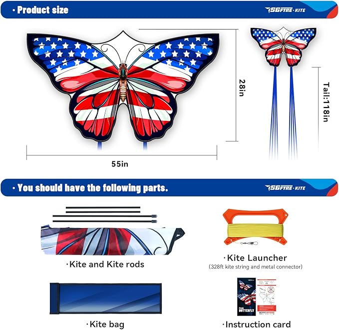 American Flag Butterfly Kite for Kids & Adults,Extremely Easy to Fly for Beginners，Outdoor Fun Kite Present Summer Kites Butterfly for Kids Toy