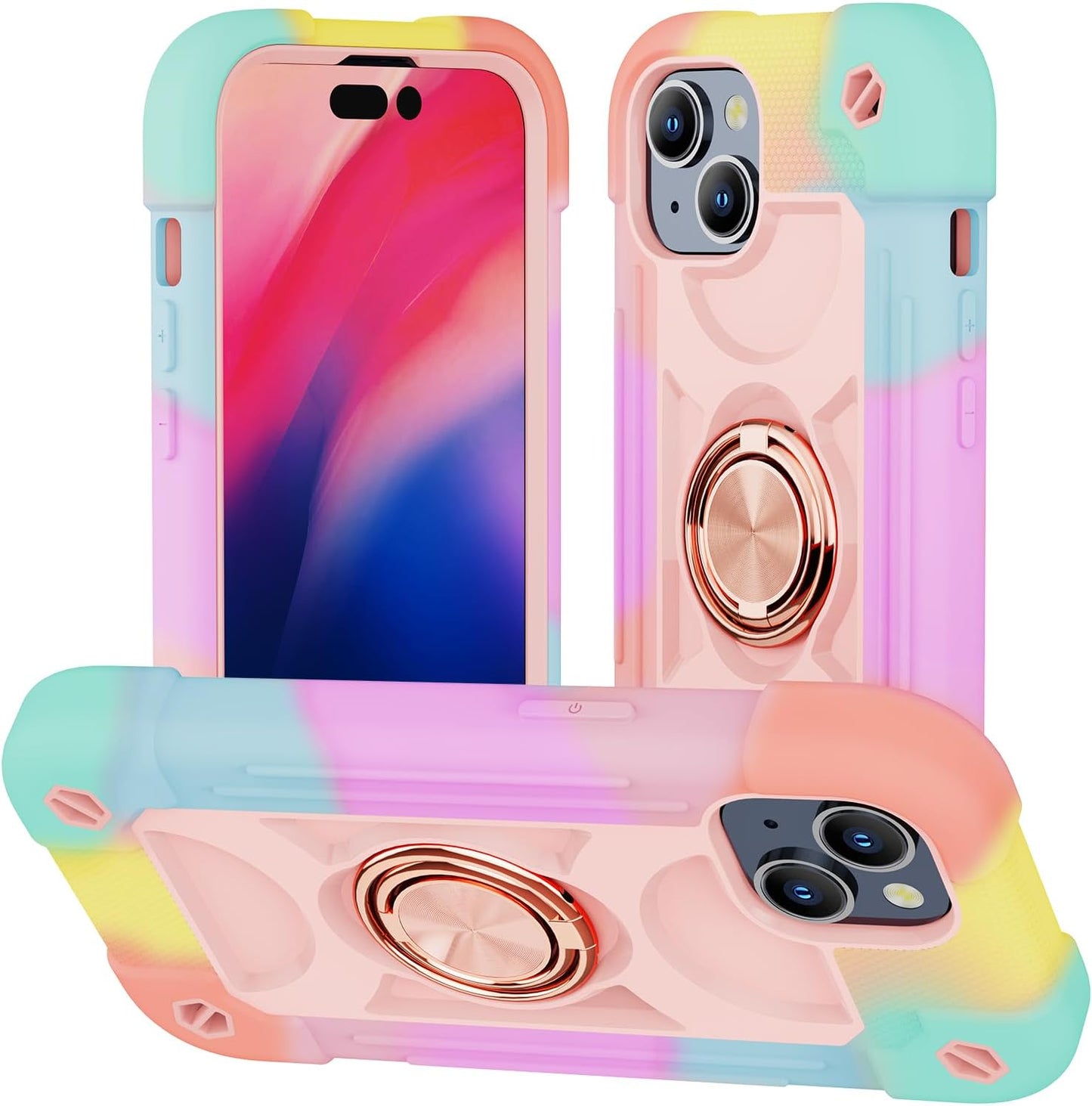 Cookiver 15 6.1" Compatible with iPhone Case - Heavy-Duty Shockproof Military-Grade Rugged Cover with Ring Stand, Glass