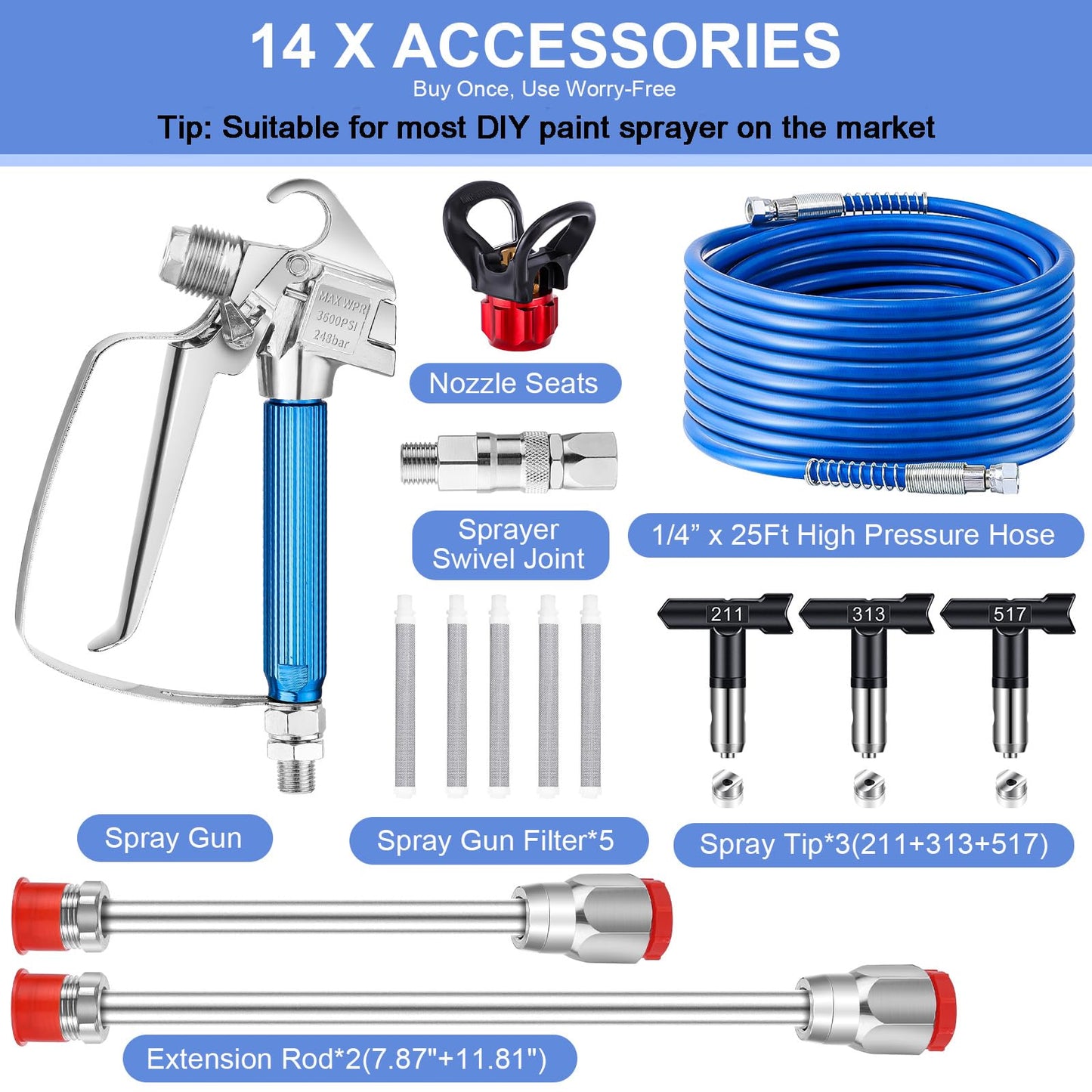 X9 Airless Paint Sprayer with 14Pcs Airless Paint Sprayer Gun Kit, 0.39GPM Paint Sprayer for Home Interior 650W 3000psi Airless Sprayer with Low Overspray Adjustable Pressure & Motor Speed