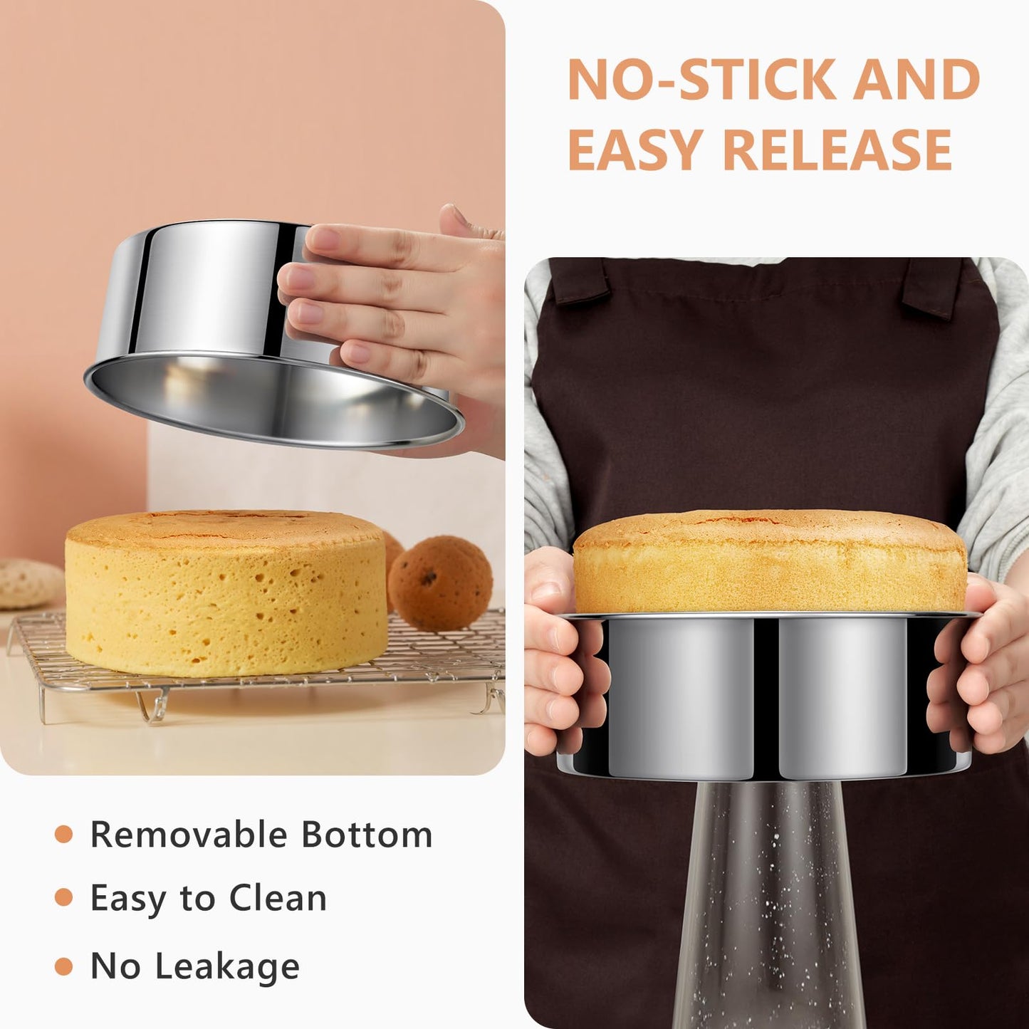 E-Gtong 7 Inch Round Cake Pans, Removable Bottom & Easy Releasing, Leakproof & Nonstick Cake Pan, 304 Stainless Steel Cake Baking Cheesecake Pan, Non-Toxic & Healthy