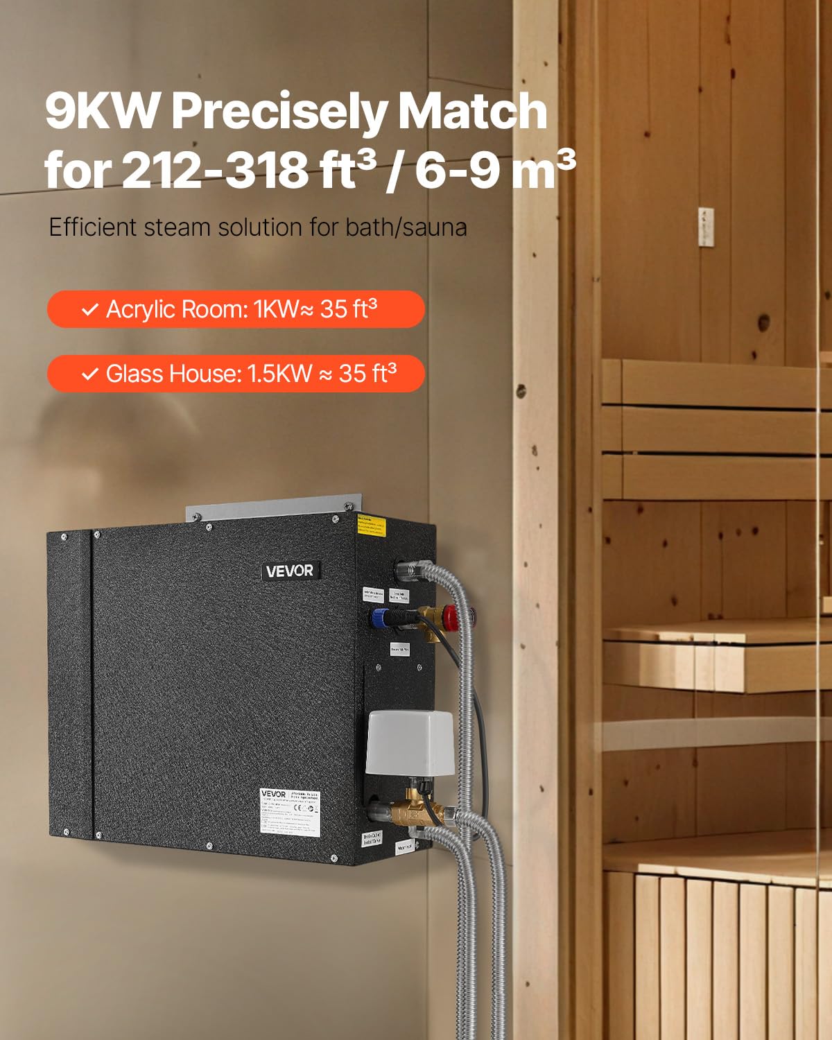 VEVOR Steam Generator, 9 kW Steam Shower System with Controller for Home Sauna & Spa, Commercial Auto Drain Kit with Overheat, Dry-Run & Overpressure Protection, 10min to 24h Timer, Black