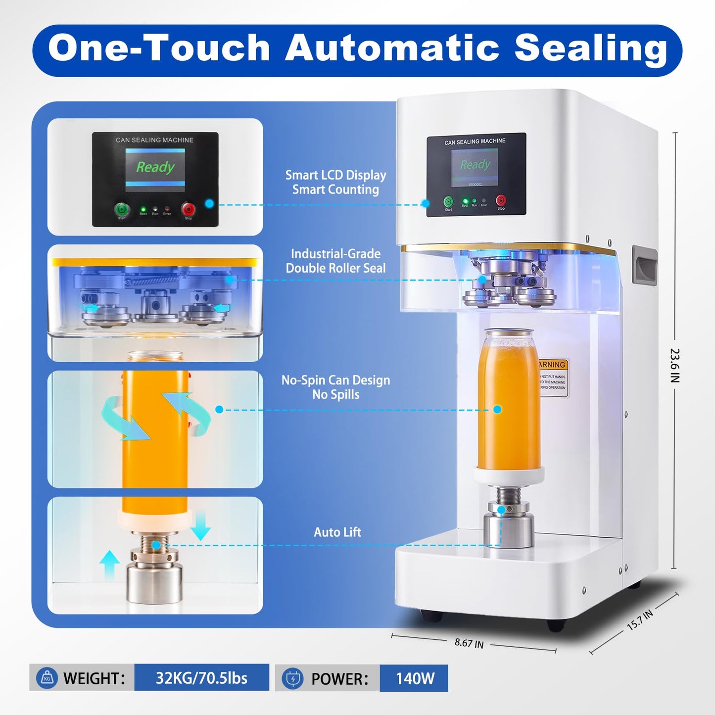 Commercial Can Sealer Machine, Automatic 202# (55mm) Soda Can Sealing Machine with 5 Can Holder Sets for Aluminum & Plastic Cans, Heavy-Duty Beverage Can Sealer for Caffee &bubble tea Shops,Black