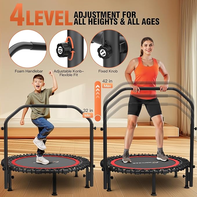 Bungee Rebounder Trampoline,ANCHEER 40" Foldable Fitness Trampoline with 4-Level Adjustable Handlebar, 450LBS Capacity, Resistance Ropes&Upgraded Bungees Safe for Home/Cardio,Workout Indoor/Outdoor