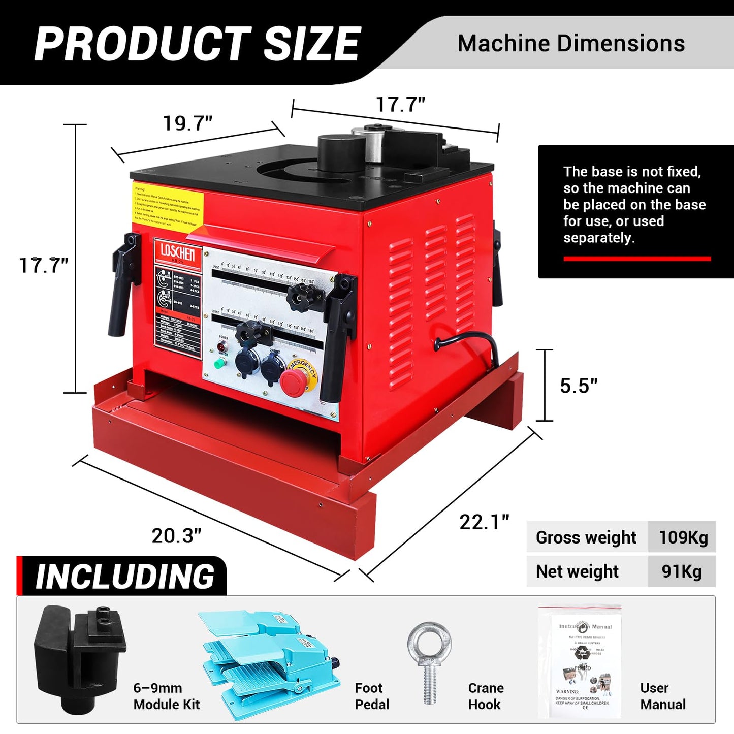 LOSCHEN Electric Hydraulic Rebar Bender,Bending Angle 0-180 Degrees,Bending up to 1 Inch #8 6-25mm Rebar,with Foot Pedal,Bending Rebar, Steel Bar, Steel Rod,1700W Desktop Electric Rebar Bender