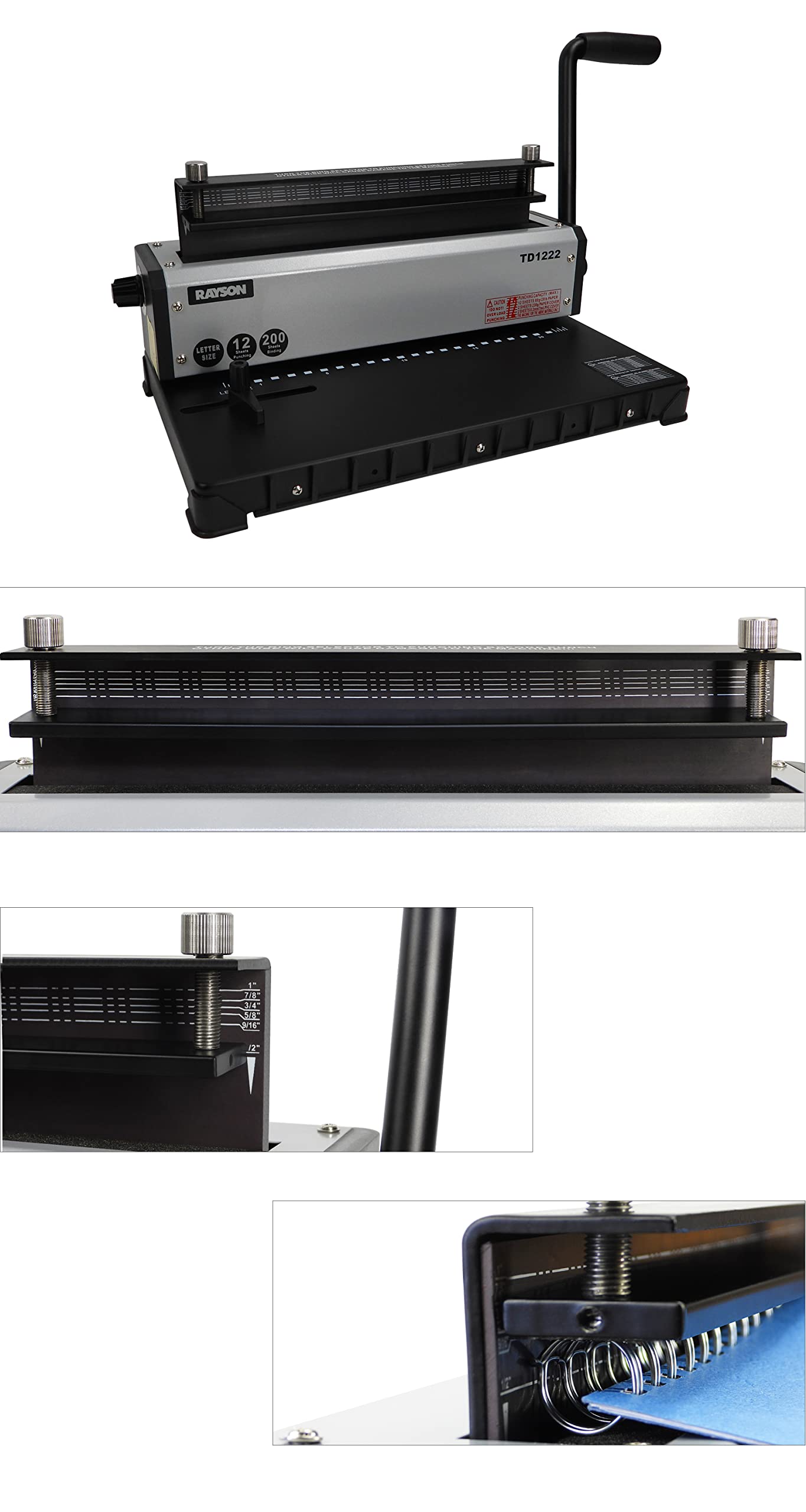 Rayson TD1222 Wire Binding Machine - 2:1 Pitch, Rectangular Holes, 220 Sheet Binding / 12 Sheet Punching Capacity