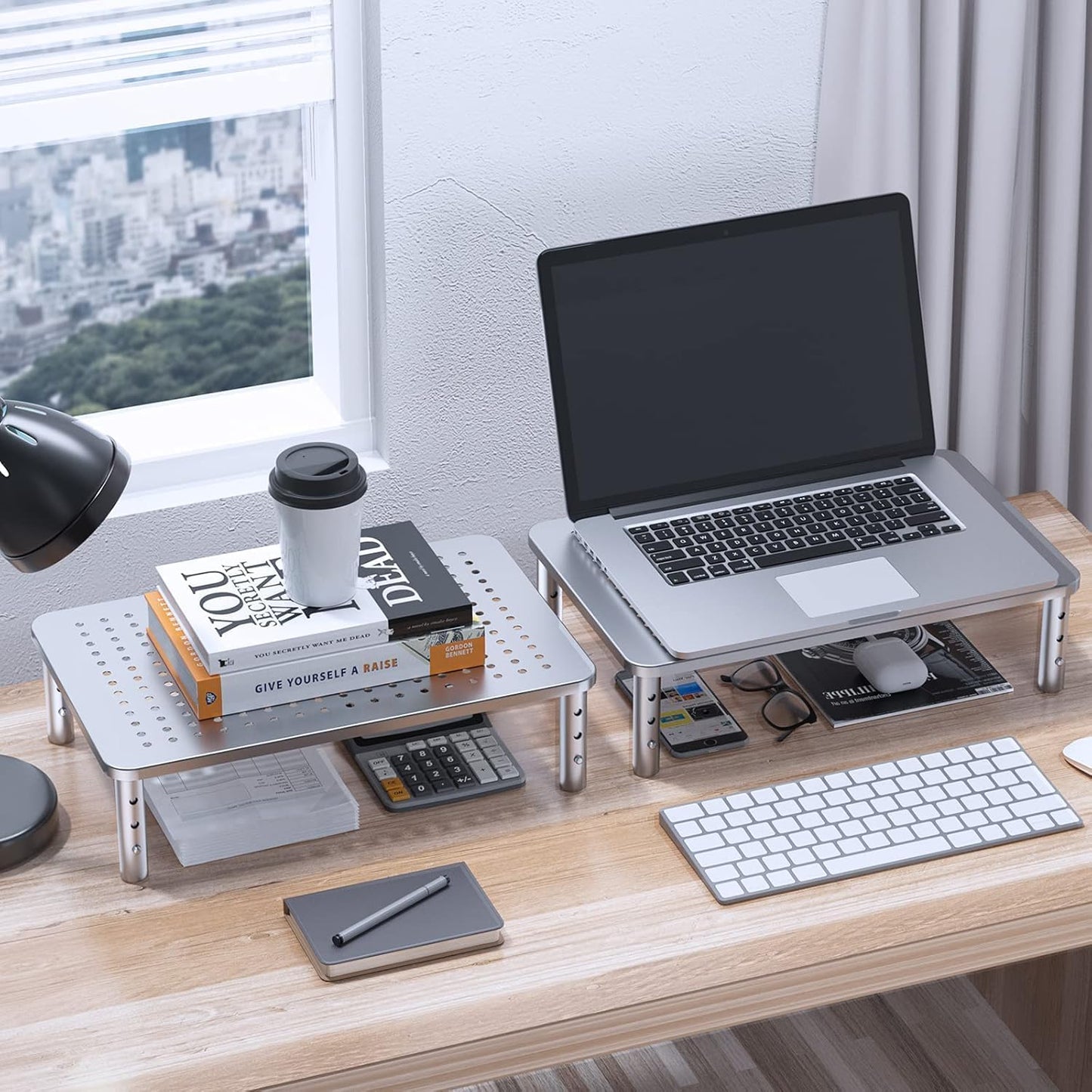 3 HUANUO Monitor Riser - Height Adjustable Stand for Laptop, Computer, iMac, PC, Printer, Desktop Ergonomic Metal
