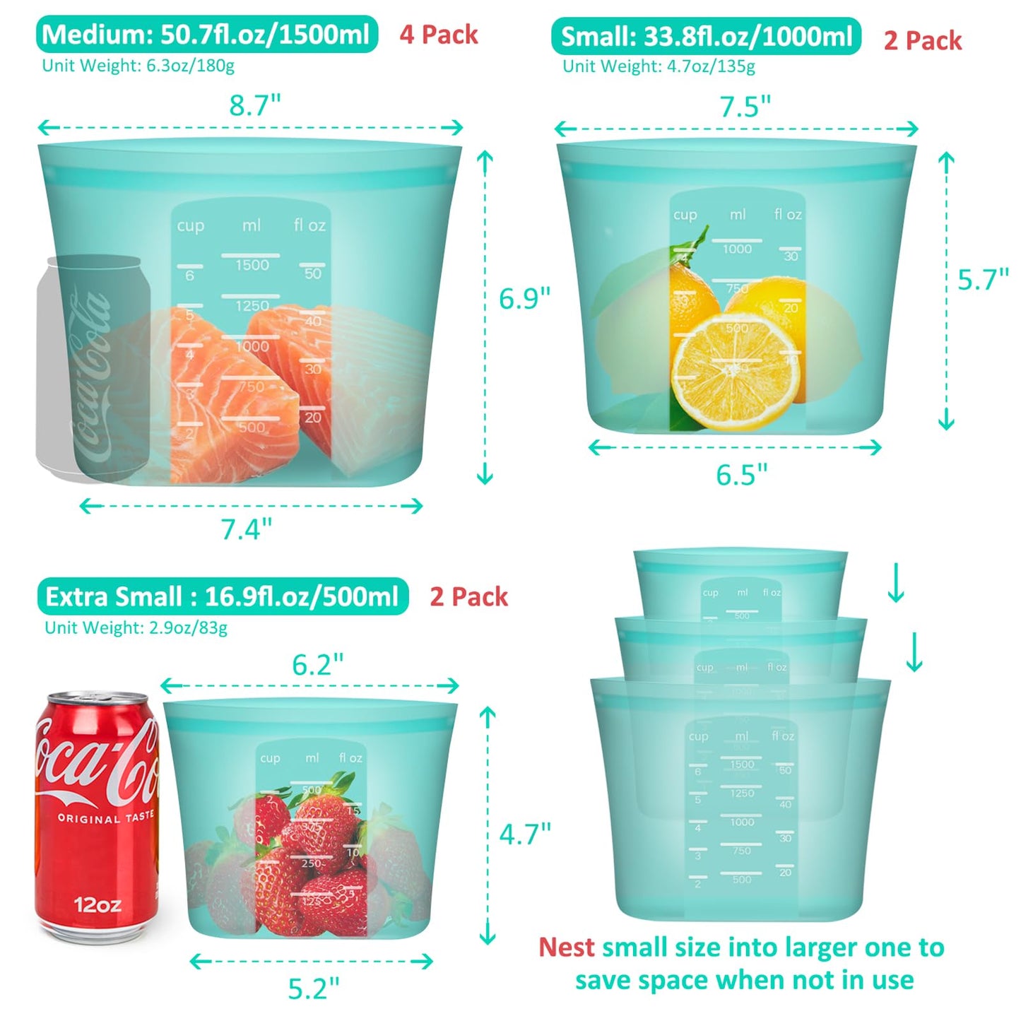 Annaklin Reusable Food Bags, 8 Pack 100% Silicone Food Storage Bags Stand Up Zip Lock Container, Freezer Microwave Oven Dishwasher Safe, 4 Medium 2 Small 2 Extra Small, Aqua