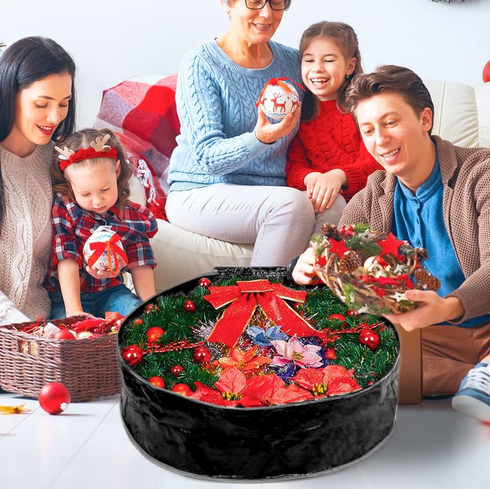 Propik Wreath Storage Bag - Tear-Resistant Holiday Garland Container with Heavy-Duty Handles | 24” x 24” x 8” (Black)