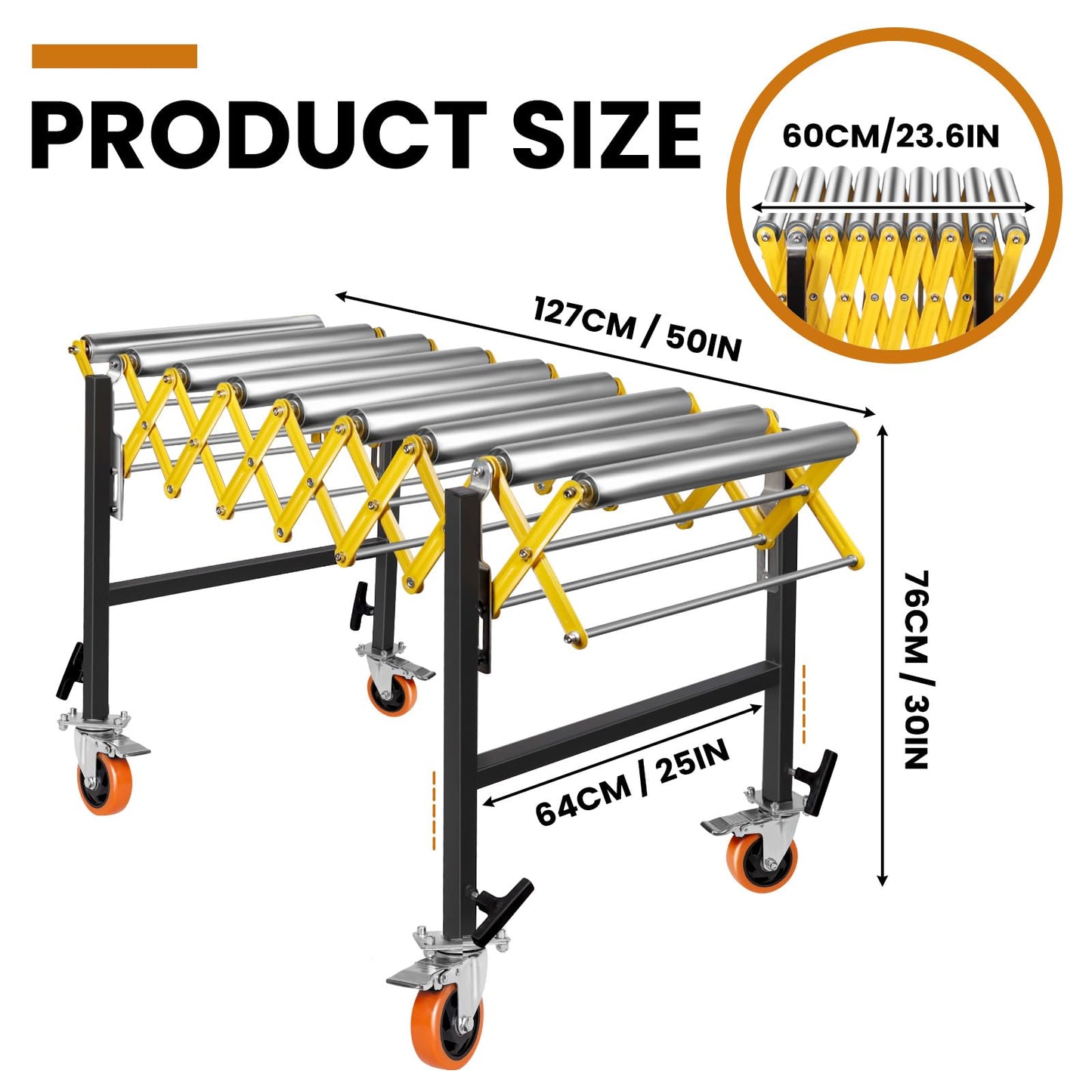 Connectable Conveyor Roller Stand - 660LBS Capacity, Adjustable Roller Conveyor, Built-in Hooks for Expandable Splicing (47-100in)