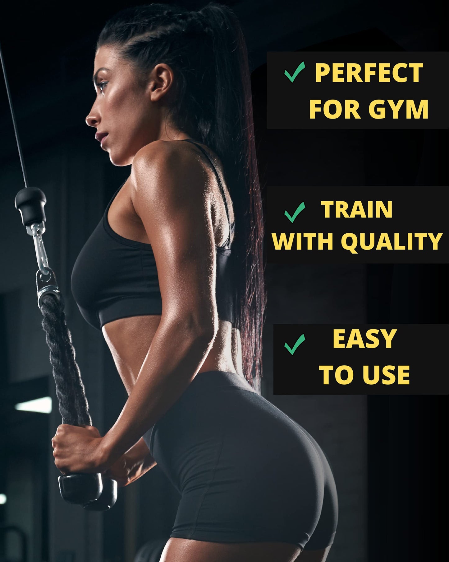Fitness Invention Tricep Rope Cable Attachment 35" - Cable Machine Handles 2X - Carabiner Clips 3X - Tricep Pull Down Rope for Gym