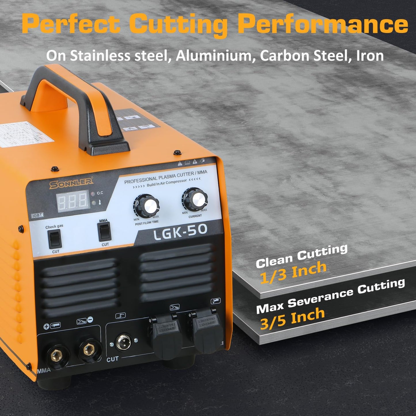 SONNLER 2 in 1 50A Plasma Cutter/MMA, 220V Digital Inverter IGBT Plasma Cutter Machine With Built-in Air Compressor, 1/3 Inch Clean Cut With Gas Delay.