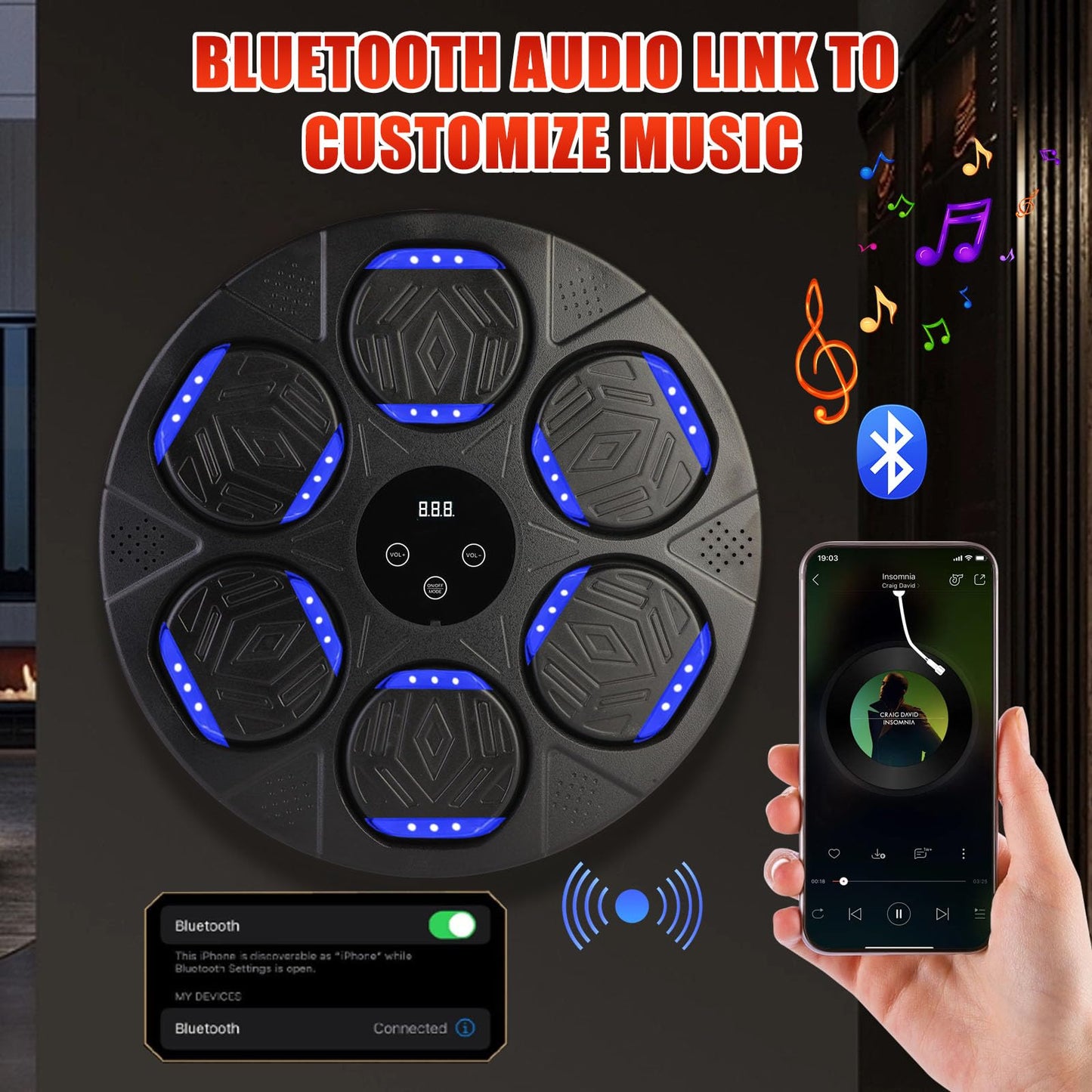 Stomonster Music Boxing Machine, Smart Bluetooth Boxing Equipmen with Gloves, Boxing Machine Wall Mounted Music for Kids Adult, Boxing Target Workout Equipment for Home, Office, Gym (Black)