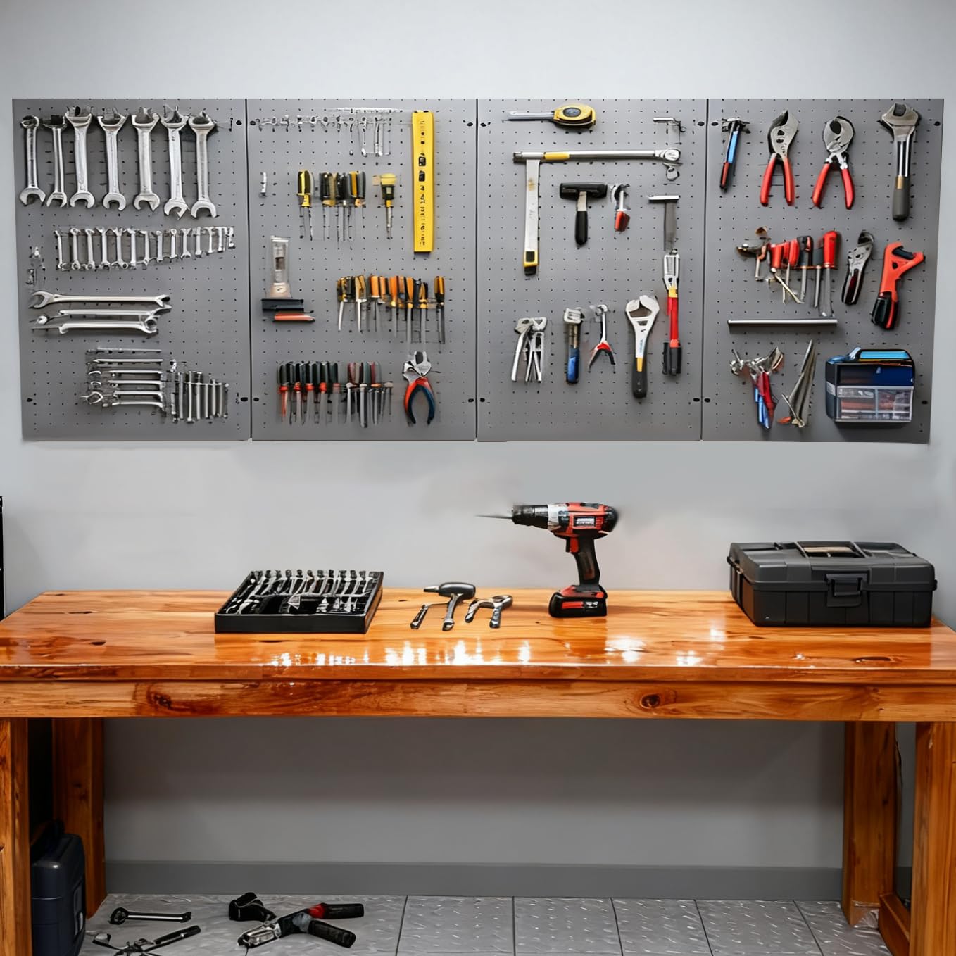 4 PCs Metal Pegboard Wall Panels Heavy Duty Peg Board Tool Organizer Board for Garage Factory, Tool Storage