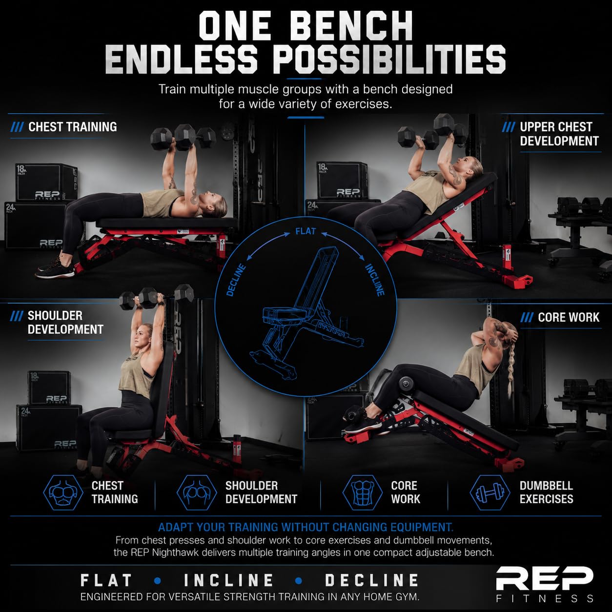 Rep Nighthawk Adjustable Weight Bench | Home Gym Incline Decline Flat Workout Bench | Heavy Duty Fitness and Strength Training Equipment | Foldable Space Saving Design, Matte Black