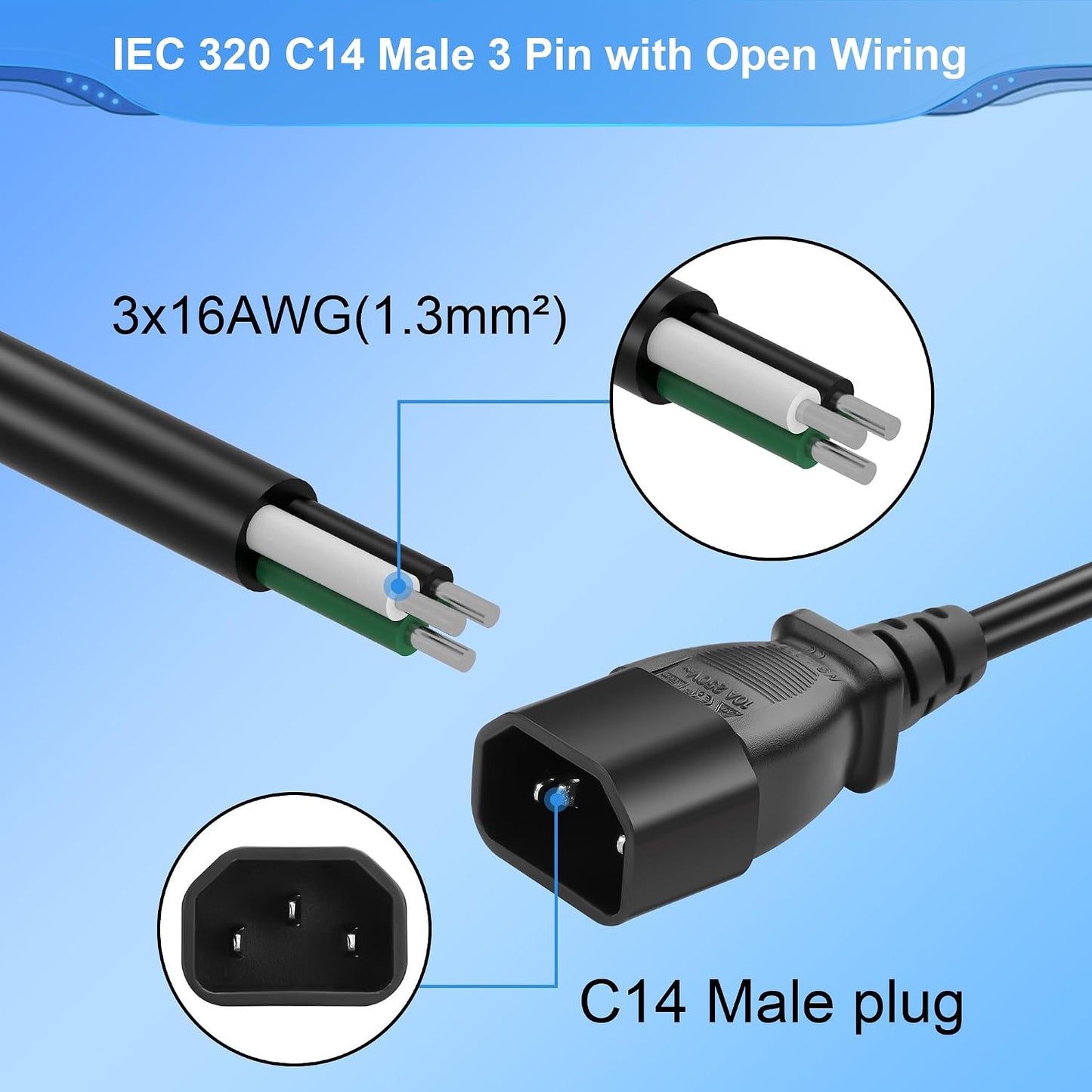 CERRXIAN 3.9FT 320 C14 3 16AWG C14 IEC Male Pin with Open Wiring Stripped, Heavy Duty Replacement to Bare Wire Power