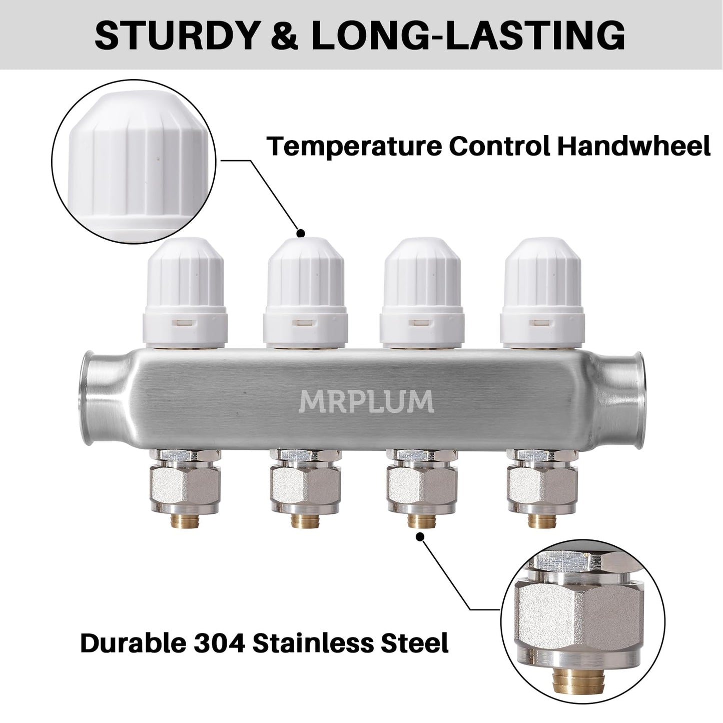 4-Branch Radiant Heat Manifold,MRPLUM Stainless Steel PEX Manifold with Compatible Outlets for Hydronic Radiant Floor Heating (1/2" Adapters included)