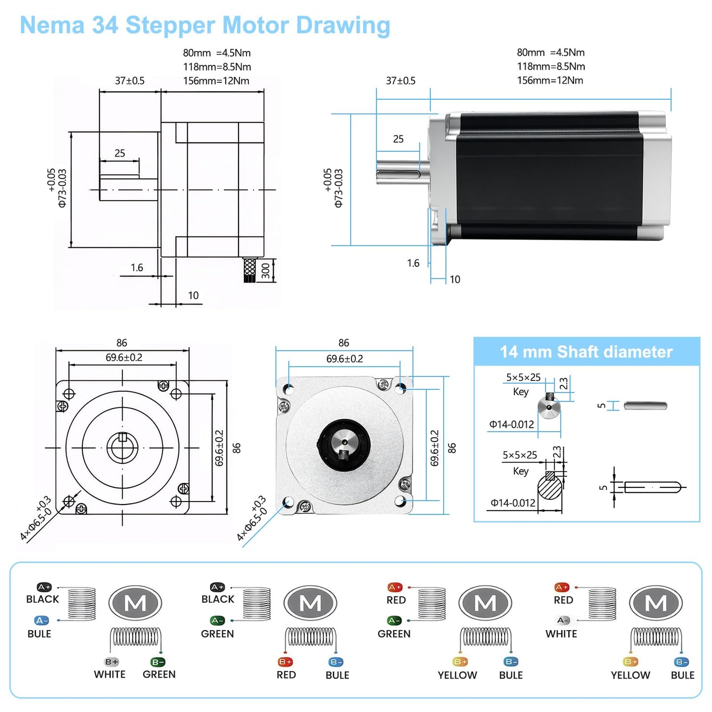 3 Axis CNC Controller Kit Nema34 86mm Stepper Motor 4.5Nm 640oz.in 2-Phase 6A, Step Motor Driver, 400W 60V Power Supply, Mach3 Control Card for CNC Router Machine Engraving