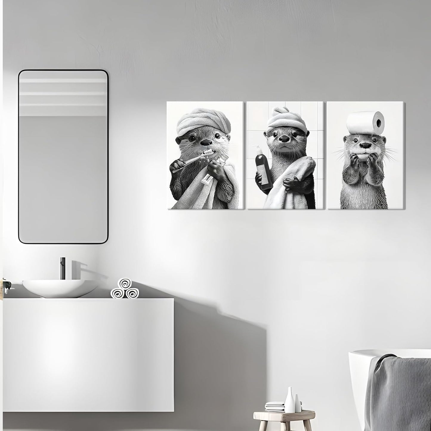 Otter Canvas Wall Art Set by Cute Bathroom | Funny Black and White Decor for Restroom | Ready to Hang 12x16 Inch