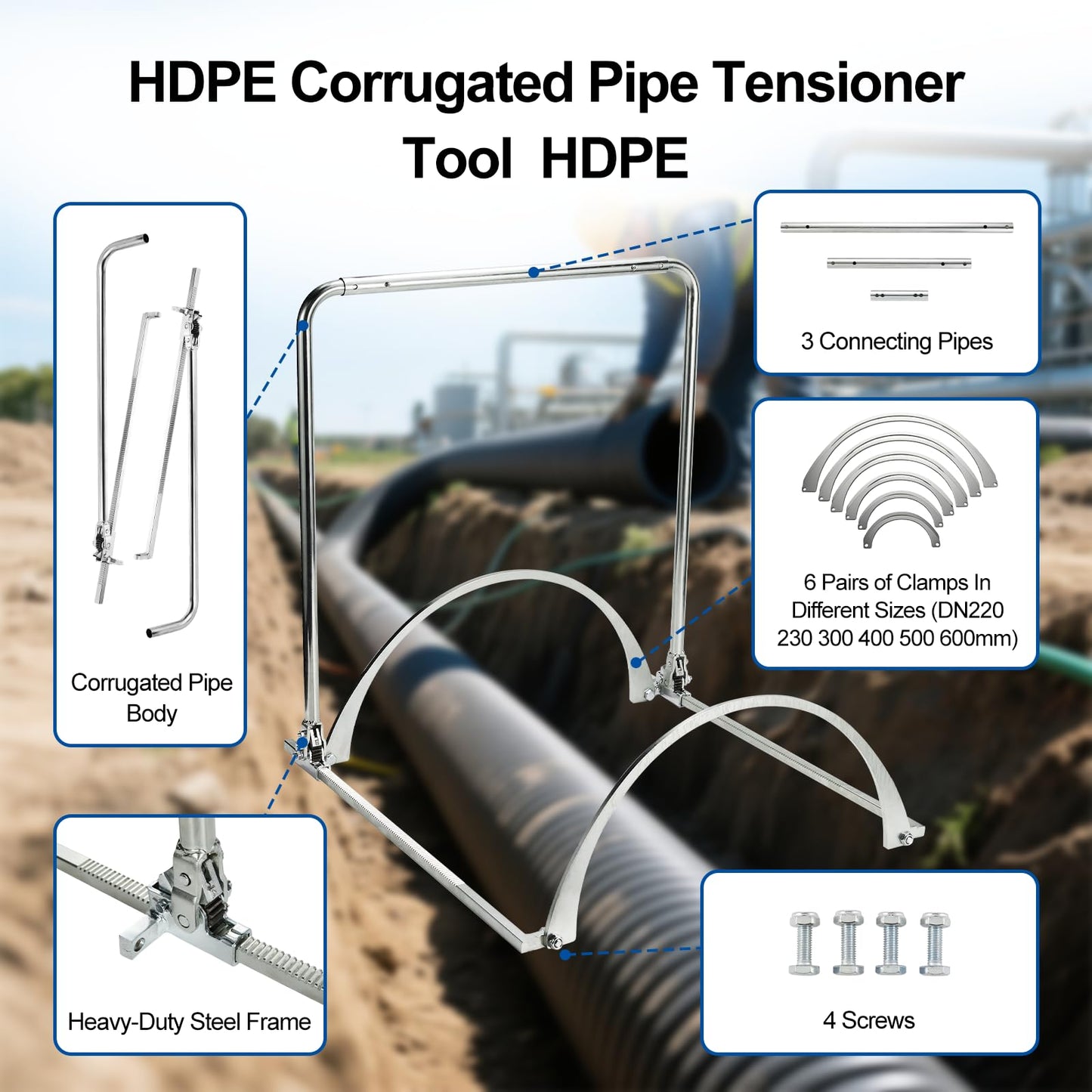 HDPE Corrugated Pipe Tensioner Tool for 8-24 Inch Pipe, Heavy Duty Pipe Pulling & Alignment Connecting Kit, Quick Docking Tool for Drainage Sewer Electrical Conduit Installation