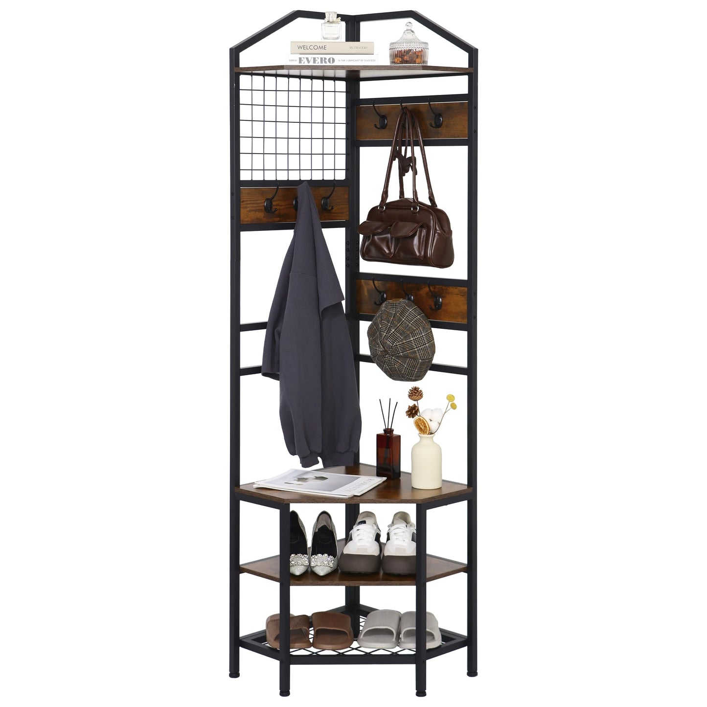 SIMHOMSTOR Heavy Duty Corner Hall Tree Organizer, 3-in-1 Industrial Freestanding Coat Storage Rack with Hooks and 4 Wooden Shelves for Entryway, Black