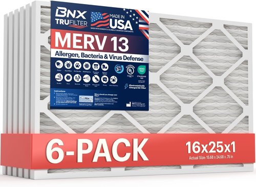 BNX TruFilter 16x25x1 Air Filter MERV 13 (6-Pack) - Electrostatic Pleated HVAC Filters for Allergies & Smoke