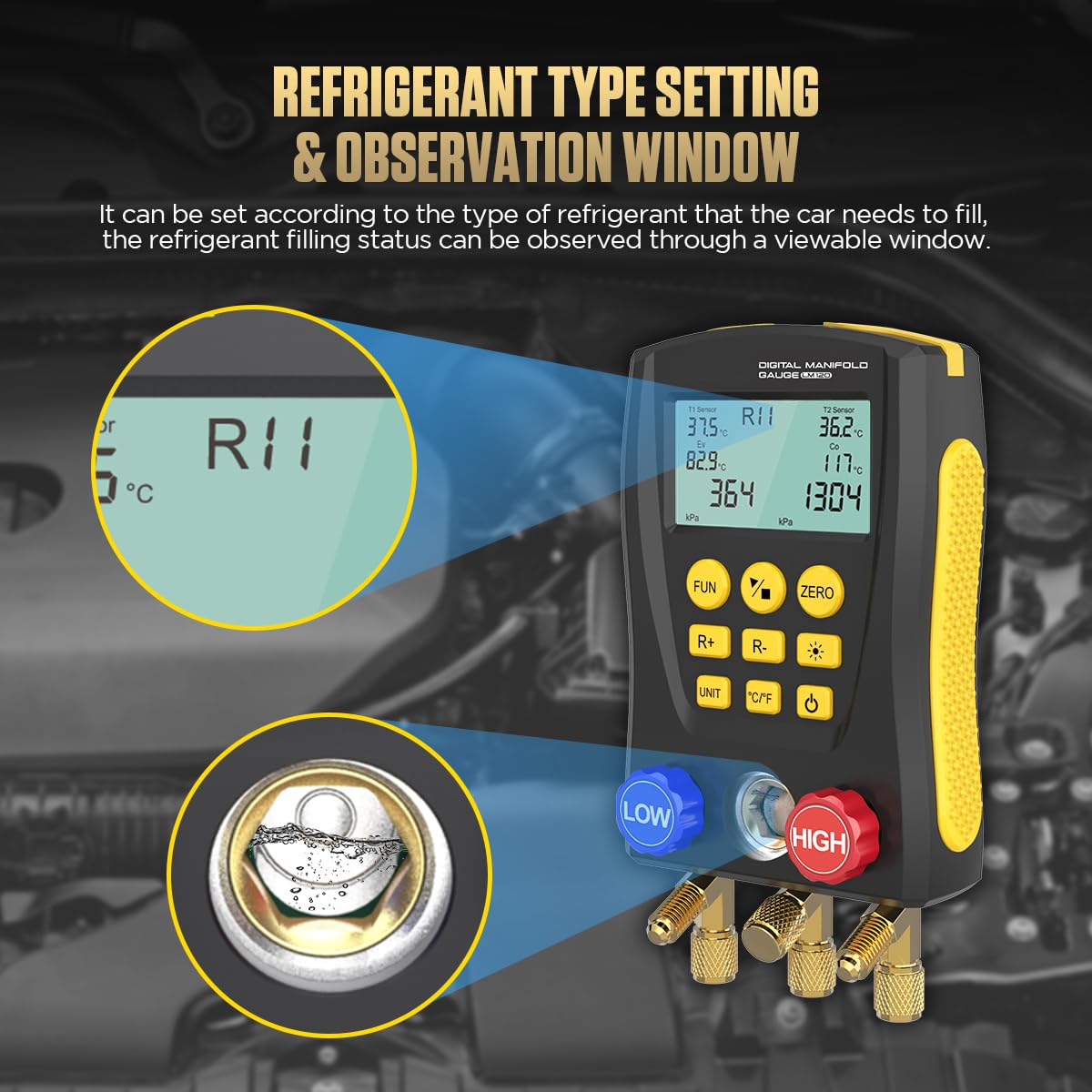 Digital Manifold HVAC Gauge Set, 92 Refrigerants Dual Pressure & Temp Test with Temperature Clips & Hoses, AC Vacuum Gauges for R1234YF R134A R404A R410A R32 R744 Refrigeration Recharge Kit, LM120+