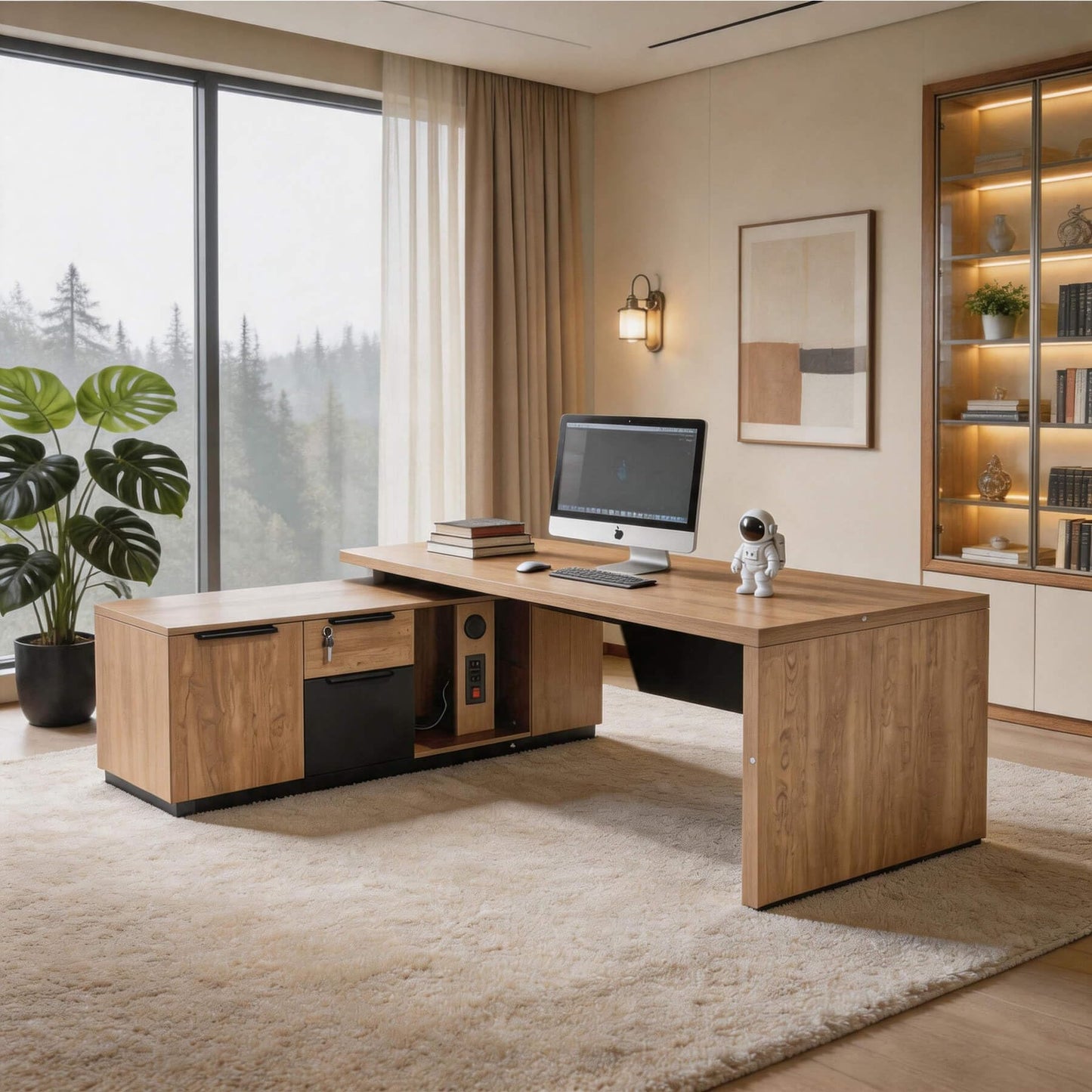 SAINTCY Retractable L-Shaped Executive Desk, Commercial-Grade Office Desk with Reversible Storage Cabinet, Built-in Power Hub, Modern Executive Desk for Home & Business Office