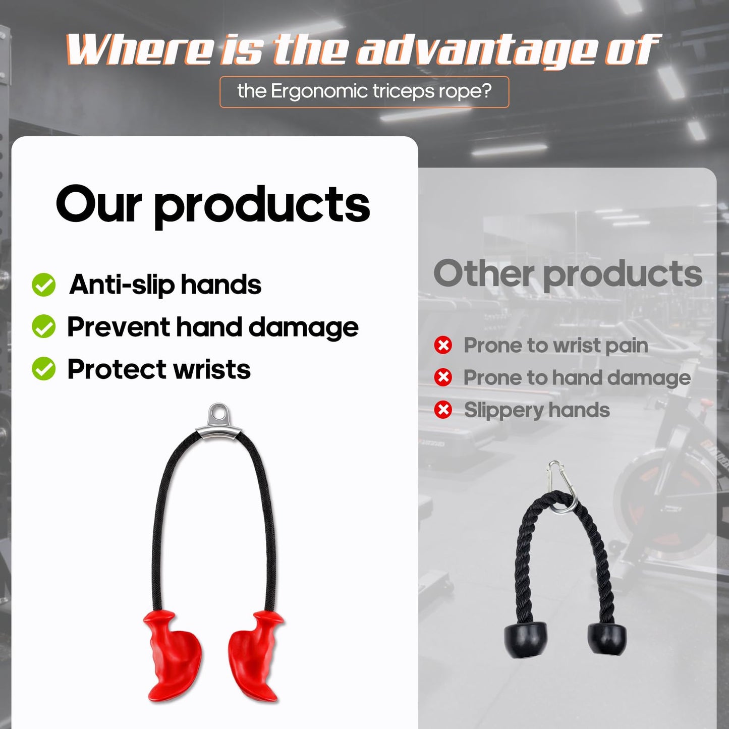 ZKN NEW DAWN Tricep Rope Pull Down Attachment with Ergonomic Handles,Triceps Rope for Cable Machine Pulley System,Home Gym Accessories (Red)