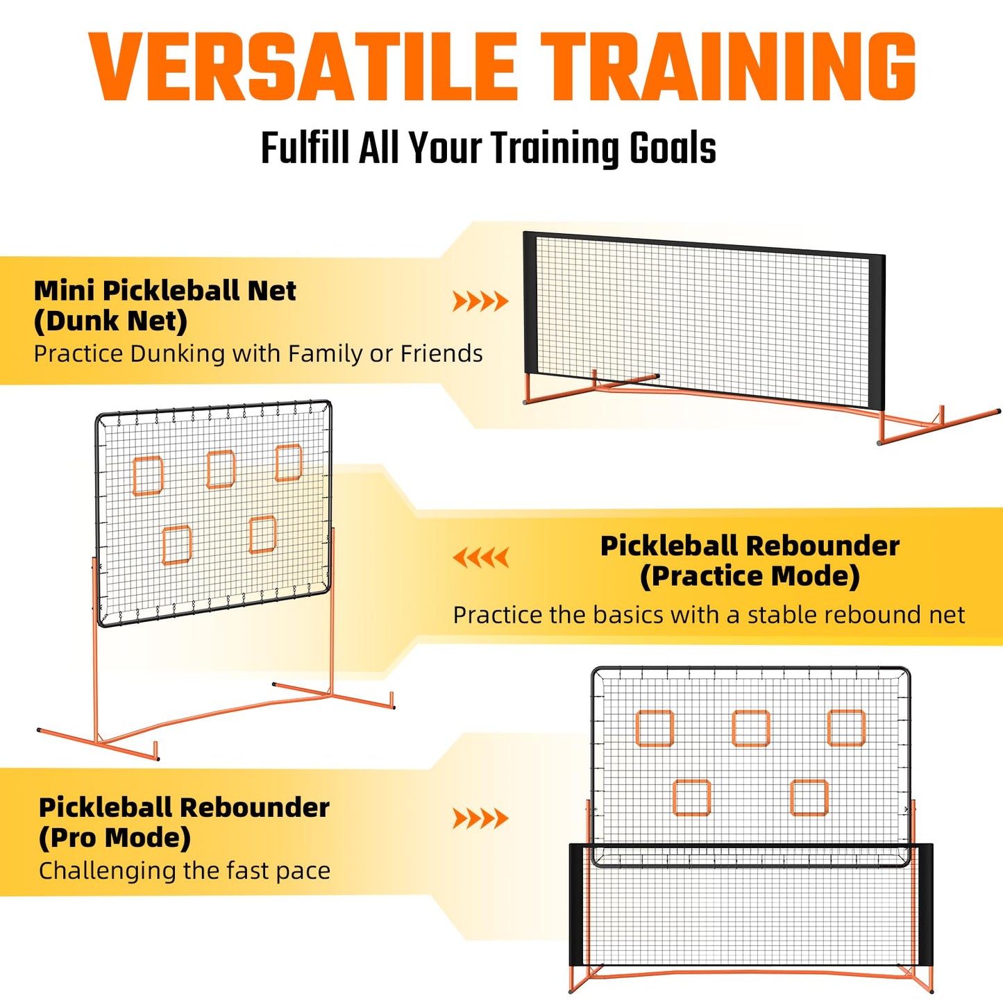 GCCSJ Pickleball Rebound Net, Pickleball Rebounder Training Equipment, for Single Player Practice Hitting, Doubles, Suitable for Garage, Backyard, Park, Indoor and Outdoor (Orange)